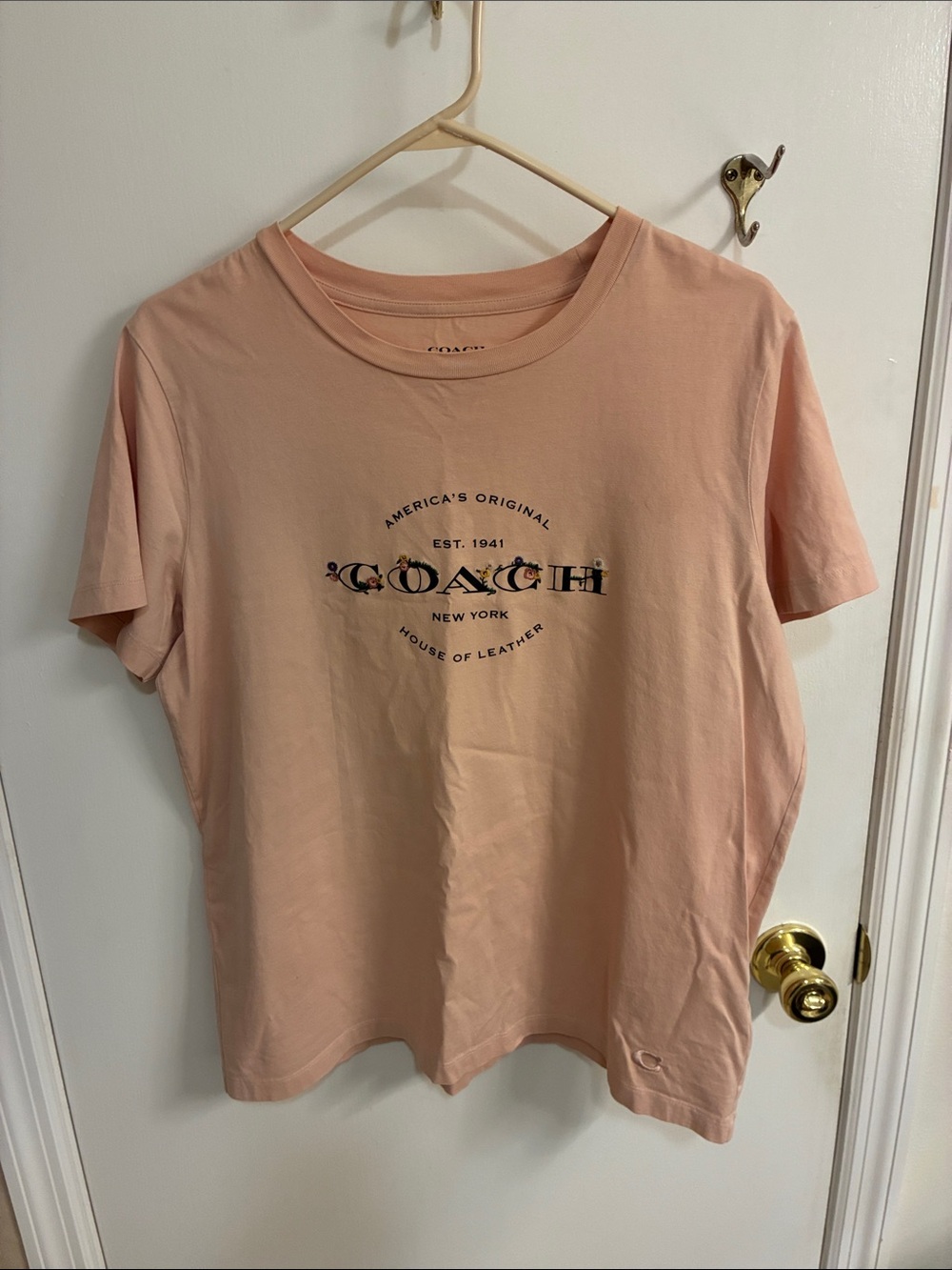 Coach Peach Logo Crewneck Tee Sz L- 100% Cotton